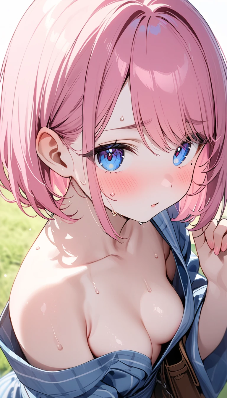 (1 girl),(Best Picture Quality, 8K, Masterpiece:1.3), (high school student:1.5), ((pink lob hair:1.1)), (bob cut),(swept bangs), (cute eyes, pupil black, iris skyblue, youthful face), (mole under right eye), (standard weight), (small breasts), (glistening skin:1.1),(pale skin:1.2),(hand on own nape),((yukata)),(portrait),((sweat:1.3)),(from above:1.2),(Nipple Slip).