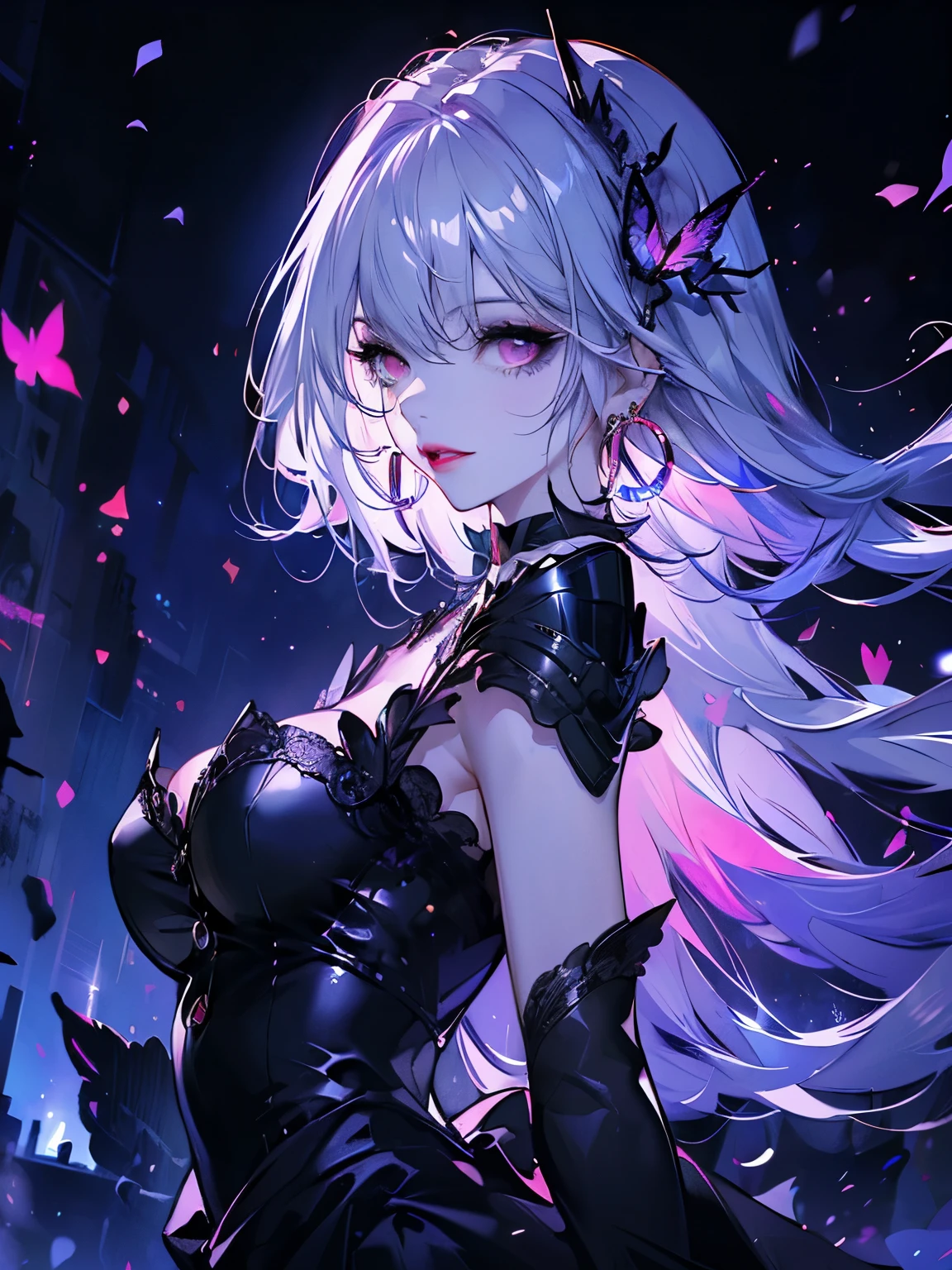 (((Very detailed, 8K quality))),,Hair above one eye, Red eyes, Clear Eyes, choker,Dark atmosphere,Black Dress,Silver Hair,Long Hair,Red butterflies flutter,Red Moon,night,Dark Clouds,Vampire Hunter,nails are red,View from the front ,Anime Style, Movie Portrait Photography,椅子にsit、Red eyesの背景, Big and ample breasts,, (Scarlet Hair), Long Hair, Purple eyes, (Natural skin texture Sharp details, Surreal, (Realistic eyes, Natural skin texture, Realistic facial details), Written boundary depth, Bokeh, Sharp details, Surreal, 35mm film, Blurred, ,lipstick, ear piercing, eye shadow, Hoop Earrings, Red pink lips, 多色のRed eyes, Purple Theme,Wear an iridescent aura,Beautiful Eyes,Standing in front of the red gate、Leaning forward,drooping bangs,sit,Composition looking up from below,Composition from the waist up