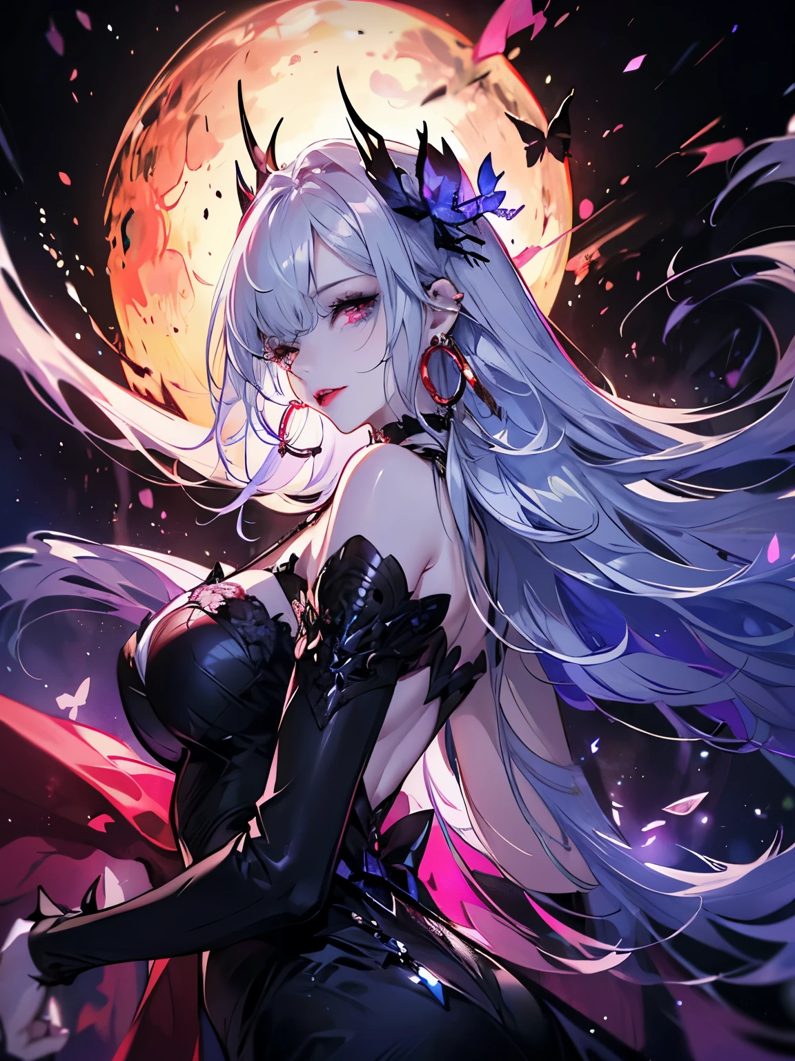 (((Very detailed, 8K quality))),,Hair above one eye, Red eyes, Clear Eyes, choker,Dark atmosphere,Black Dress,Silver Hair,Long Hair,Red butterflies flutter,Red Moon,night,Dark Clouds,Vampire Hunter,nails are red,View from the front ,Anime Style, Movie Portrait Photography,椅子にsit、Red eyesの背景, Big and ample breasts,, (Scarlet Hair), Long Hair, Purple eyes, (Natural skin texture Sharp details, Surreal, (Realistic eyes, Natural skin texture, Realistic facial details), Written boundary depth, Bokeh, Sharp details, Surreal, 35mm film, Blurred, ,lipstick, ear piercing, eye shadow, Hoop Earrings, Red pink lips, 多色のRed eyes, Purple Theme,Wear an iridescent aura,Beautiful Eyes,Standing in front of the red gate、Leaning forward,drooping bangs,sit,Composition looking up from below,Composition from the waist up