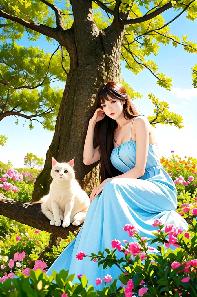 1girl,flower,dress,long hair,tree,sitting,branch,white dress,cat,hand fan,brown hair,oversized animal,bare shoulders,blue eyes,animal,black hair,outdoors,realistic,