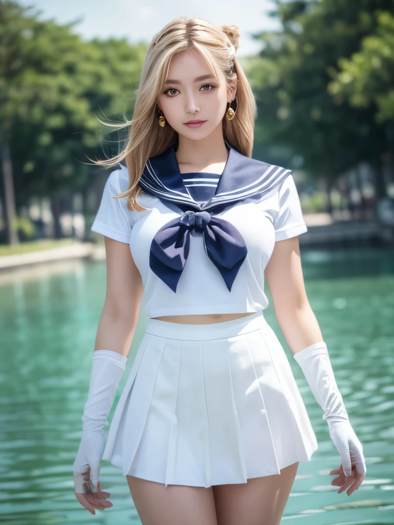 最高masterpiece,Ultra high definition, 1 girl, Sailor, Sailor Girl, (Sailor chiseki uniform:1.2), (Aqua Eye:0.9), Blonde, Medium Hair, Wedge skirt, Highest quality, Earrings, masterpiece, High resolution, Intricate details, (Realistic)), 8k Raw Photo:1.5, (white elbow gloves:1.1), jewelry, Soft skin texture, Beautiful breasts, whole body, Dynamic Background, Dynamic pose, white