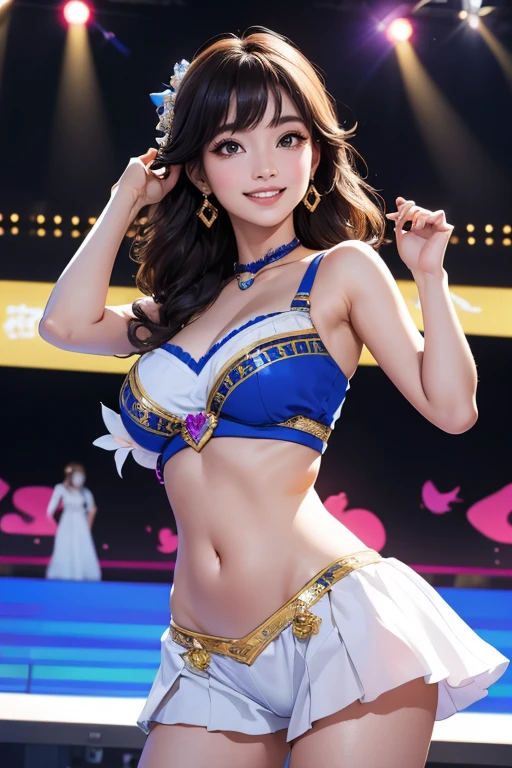 (Highest quality、 8k 、masterpiece、High resolution)、Full Body Shot、15 year old girl、Idol、Cute smile、Pretty lips、Adorable eyes、Dancing with a smile、Outdoor Stage、AKB48 Costumes、Realistic、Realistic、Official Art、Detailed CG、Professional Lighting、Professional photographer、