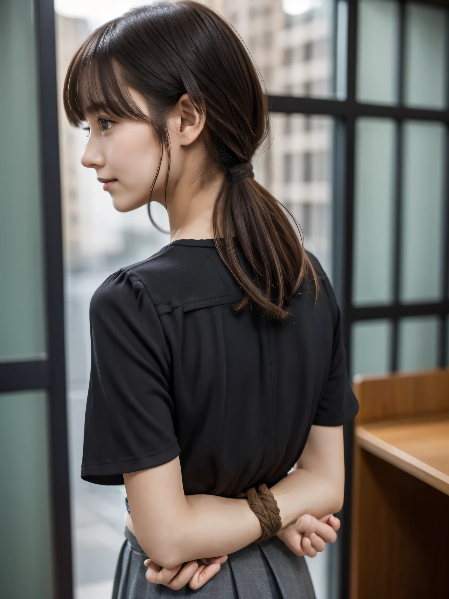 Woman、His hands are tied、((Place your hands behind your back))、((Place your hands together and cross them behind your back))、(((Her wrists are tied with rope)))、shibari、Beauty、20age、university student、(anatomicaly, Has two arms and two hands)、In a hotel room with the lights on、Stand by the window、Outside the window is the night sky、There are many stars、Wearing a short-sleeved blouse、Wear a high school student-style miniskirt、Uniform eyes、Proportioned proportions、Small breasts、Small face、(I can see from head to heel), Black Hair, bangs, swept bangs, Straight hair, Nervous, Messy Hair, Floating hair, Cinema Lighting, tachi-e, First-person view, throw, From behind, F/1.2, Nikon, Surrealism, 超High resolution, Highest quality, High resolution, 8k, Textured skin, anatomicaly正しい体,