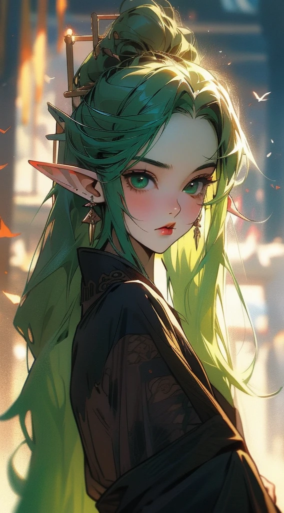 A cute 18 year old boy with fair skin, large eyelashed eyes, green eyes, long green hair, and elf ears, small plump lips, delicate and adorable appearance, black robe, looking at the camera