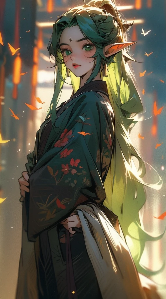 A cute 18 year old boy with fair skin, large eyelashed eyes, green eyes, long green hair, and elf ears, small plump lips, delicate and adorable appearance, black robe, looking at the camera
