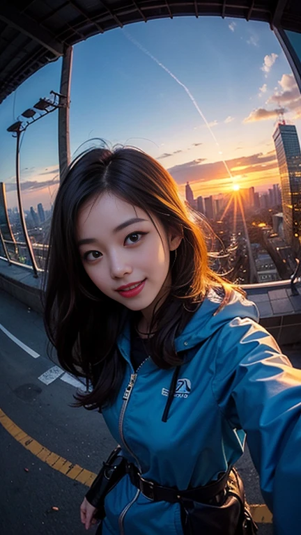 One girl, Korean, Fisheye Lens, Selfie, Wind, Messy Hair, sunset, Cityscape, (Aesthetics and atmosphere:1.2),smile