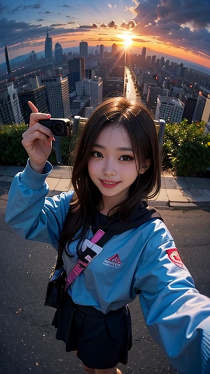 One girl, Korean, Fisheye Lens, Selfie, Wind, Messy Hair, sunset, Cityscape, (Aesthetics and atmosphere:1.2),smile