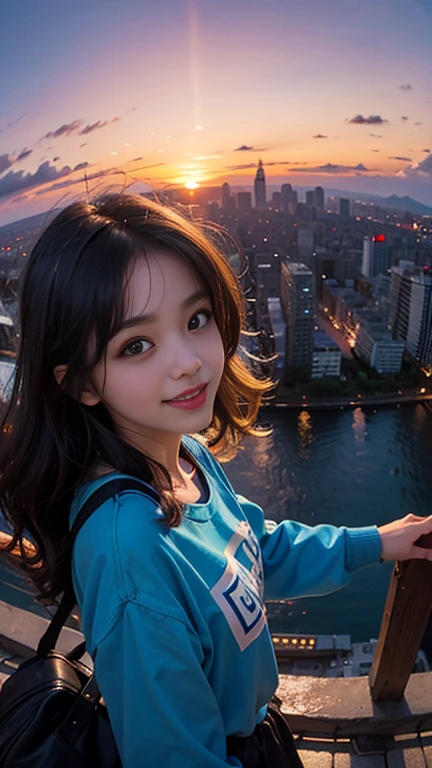 One girl, Korean, Fisheye Lens, Selfie, Wind, Messy Hair, sunset, Cityscape, (Aesthetics and atmosphere:1.2),smile