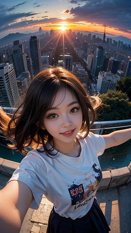 One girl, Korean, Fisheye Lens, Selfie, Wind, Messy Hair, sunset, Cityscape, (Aesthetics and atmosphere:1.2),smile
