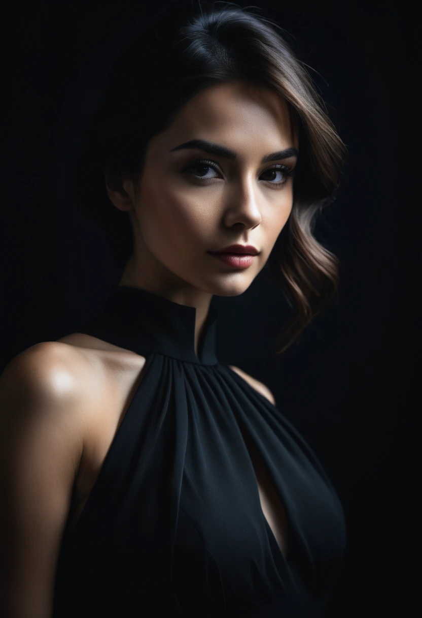 dark shot, film grain, A close up of a woman in a beautiful black dress and a black background, ultra clear, high quality