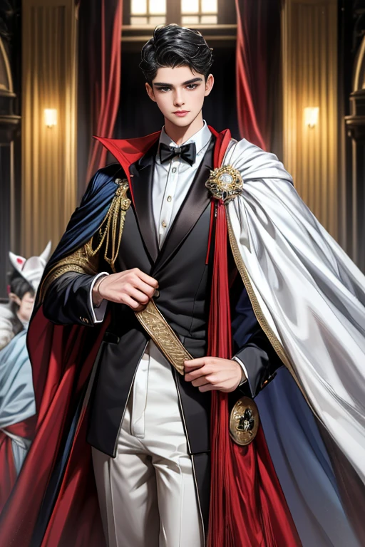 
masterpiece, 最high quality, high quality, 1 boy, alone, Male focus, Watching the audience,  Messy black hair, Adorable big blue eyes, White, Noble, Noble,A sexy, voluminous, puffy cape、tuxedo、A very voluminous, large, very large, very large, long, long red and black cape with a high stand-up collar, made of a lot of fabric that reaches down to the floor., 17 years old,Cute beautiful boys,Cute, cute, kind, handsome guy