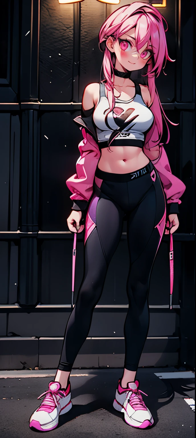 (masterpiece, best quality, 1girl, solo, intricate details, chromatic aberration), realistic, ((medium breath)),long hair, pink hair, red head ornament, pink highlights, hair over one eye,purple eyes, earrings, sharp eyes, choker, neon shirt, open jacket, crop top, (symmetry eyes),(perfect symmetrical body),against wall, brick wall, graffiti, dim lighting, alley ,look at viewer, woman at a gym, cute, front Pose, fitness girl, standing, erect Pose, symetrical, fitness model, skinny, Red sneakers, best qualityer, relaxed arms, hands down, ankle, fullbody view, stand straight with your back upright. Keep your shoulders back and maintain a straight line from your head to your feet. Full body overview, feets close, symmetrical front, head straight to the viewer