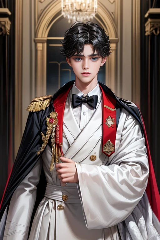 masterpiece, 最high quality, high quality, 1 boy, alone, Male focus, Watching the audience, Messy black hair, Adorable big blue eyes, White, Noble, Noble,A sexy, voluminous, puffy cape、tuxedo、A very voluminous, large, very large, very large, long, long red and black cape with a high stand-up collar, made of a lot of fabric that reaches down to the floor., ,Cute beautiful boys,Cute, cute, kind, handsome guy