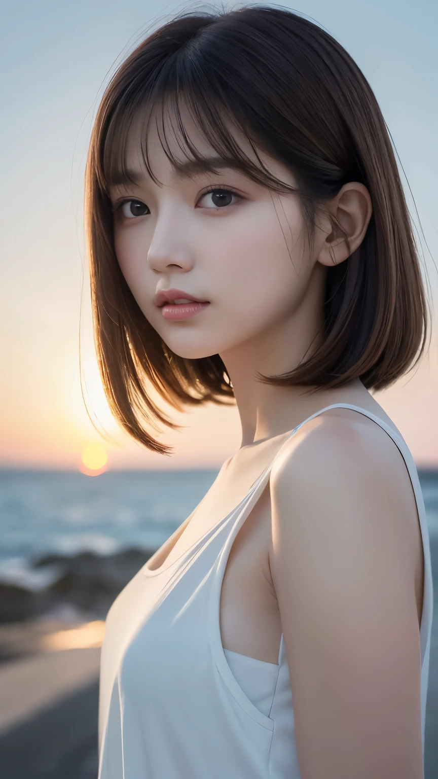 Surrounded by soft lighting、Attractive portrait of a young woman with short dark brown straight hair。She has delicate, fair skin and a hint of red on her cheeks.。Her big expressive eyes look natural.、Highlighted with minimal makeup。Lips are naturally pink、slightly open。She is wearing a simple white sleeveless top.、Emphasizing the quiet and mysterious atmosphere。The background is a sky gradient、The pale blue has turned into a warmer tone.、Reminiscent of a sunrise or sunset。The overall mood is calm and introspective.、Lighting emphasizes her features、Creates a halo effect around the hair。