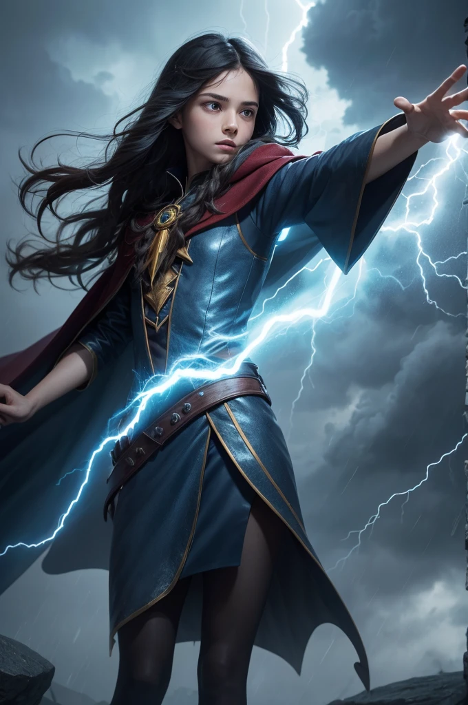 "Draw a young wizard with a flowing cape, raising one hand while casting a spell. Around her, there is a magical storm with lightning, rain and strong winds, showing his power to control the weather."