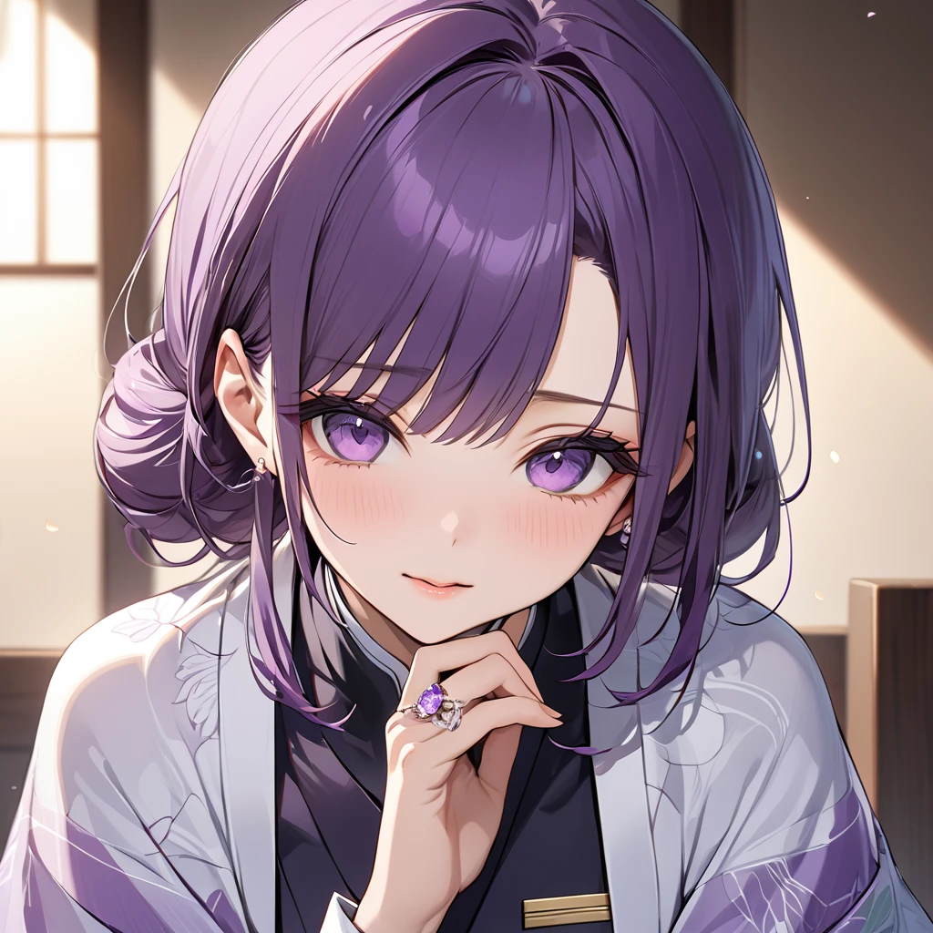 ((Highest quality)), ((masterpiece)), (detailed), (Perfect Face)、The woman is Shinobu Kochou, with purple hair and an engagement ring. She is wearing a beautiful haori over her uniform.