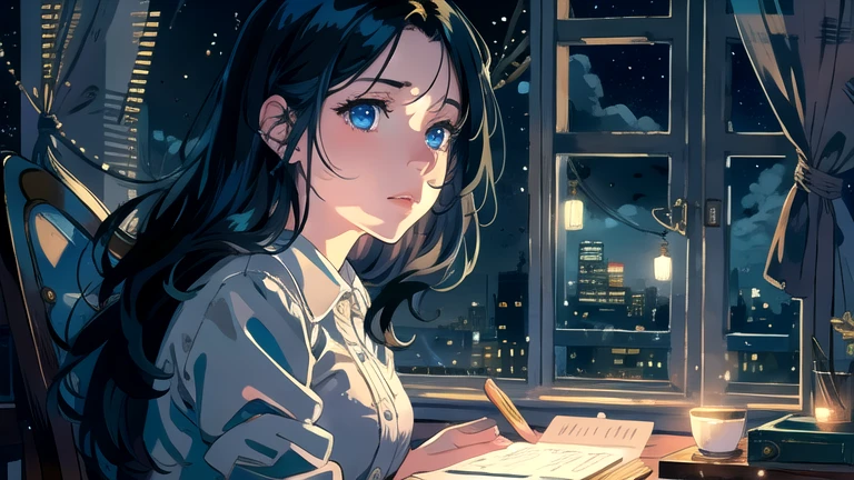 Create an illustration of a girl with black hair and blue eyes, sitting in a chair in front of a desk, Sentimental, Introspective look。, The moonlight gently shines into the room, Gently illuminate the space, Curtains sway in the wind, Increase tranquility, Dark mood, Emphasise the theme of loneliness, silence, And the depths of night, The room is dark、dimly lit by the moonlight