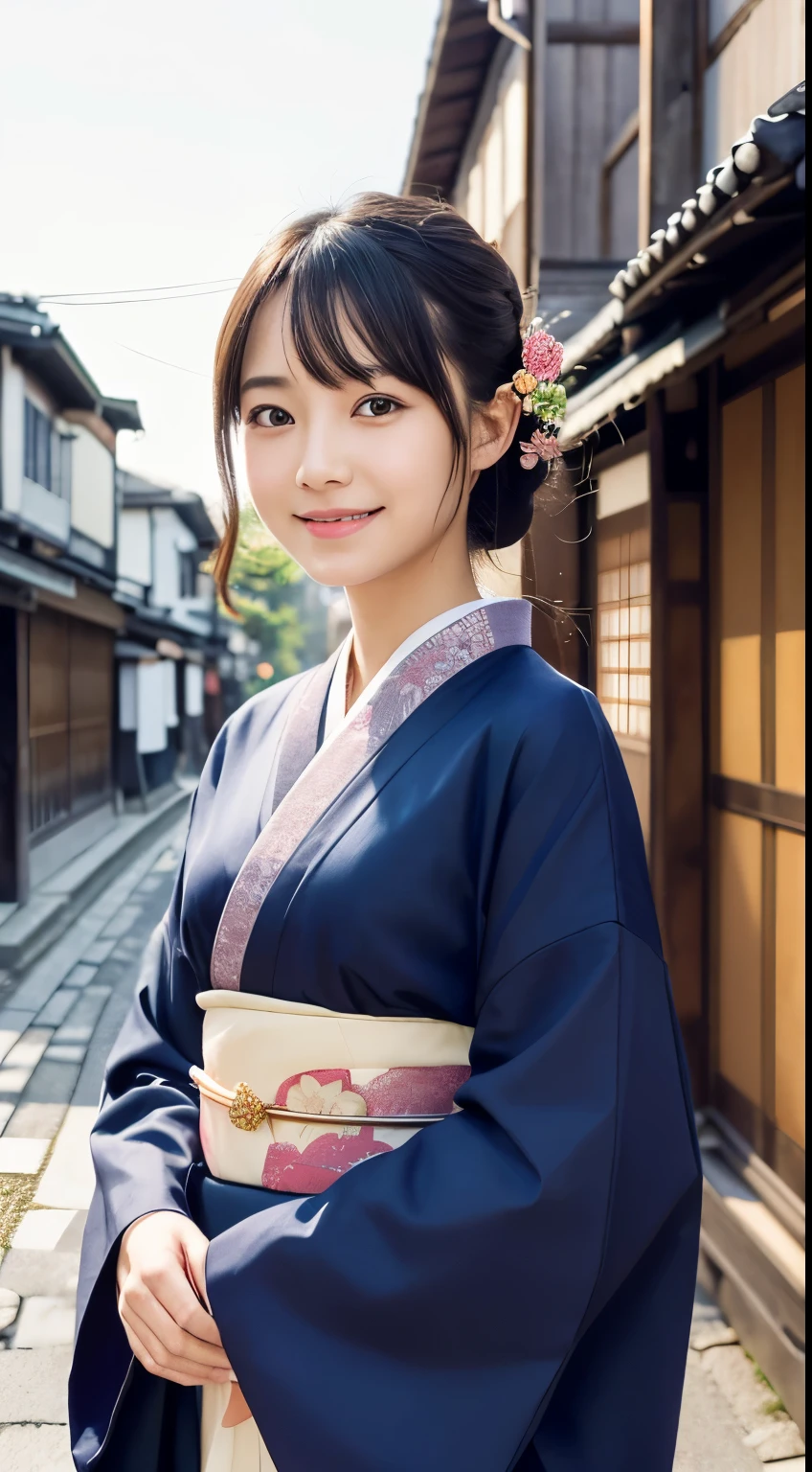 Professional Lighting,(Realistic:1.4), (Top image quality:1.0), (超High resolution:1.0), 8k, Raw photography, (masterpiece:0.2), (Dealing with the Children_v1:0.5)、(最高quality Detail:1.2)、Realistic、8kウルトラHD、High resolution、(1 girl:1.2)、超detailedな、High quality textures、複雑なdetailed、detailed、Very detailed CG、High quality shadows、detailed 美しく繊細な顔、Beautiful details and a delicate eye、(Symmetrical eyes:1.2),Written boundary depth、Ray Tracing,1 girl, Japanese Girls, (Natural smile:1.4),cute, thin, Portrait of a beautiful Japanese woman in a kimono, Standing elegantly on a street corner in Kyoto. Kimono with vibrant traditional patterns, Hair decorated with elegant and delicate hairpins, Gentle expression. (With the old streets of Kyoto in the background:1.4)、The soft light of a spring afternoon、Adding tranquility to the scene. Rendered in a Realistic style with great attention to detail, High resolutionの画像.Sky Porn, Magic Hour, (Realistic:1.3), finely, quality, (Tabletop:1.2), (Realistic:1.2), (最高quality), (複雑なdetailed), dramatic, Ray Tracing, photograph, +roller