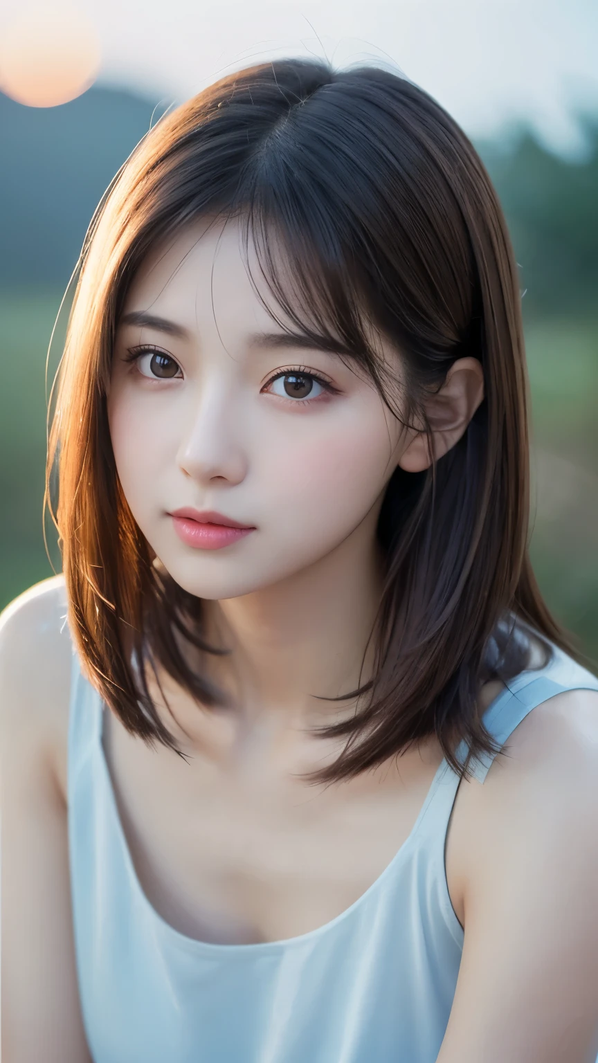 Surrounded by soft lighting、Attractive portrait of a young woman with short dark brown straight hair。She has delicate, fair skin and a hint of red on her cheeks.。Her big expressive eyes look natural.、Highlighted with minimal makeup。Lips are naturally pink、slightly open。She is wearing a simple white sleeveless top.、Emphasizing the quiet and mysterious atmosphere。The background is a sky gradient、The pale blue has turned into a warmer tone.、Reminiscent of a sunrise or sunset。The overall mood is calm and introspective.、Lighting emphasizes her features、Creates a halo effect around the hair。