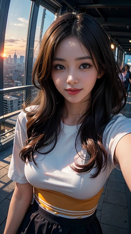 One girl, Korean, Fisheye Lens, Selfie, Wind, Messy Hair, sunset, Cityscape, (Aesthetics and atmosphere:1.2),smile