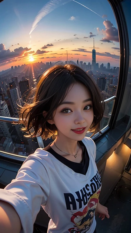 One girl, Korean, Fisheye Lens, Selfie, Wind, Messy Hair, sunset, Cityscape, (Aesthetics and atmosphere:1.2),smile