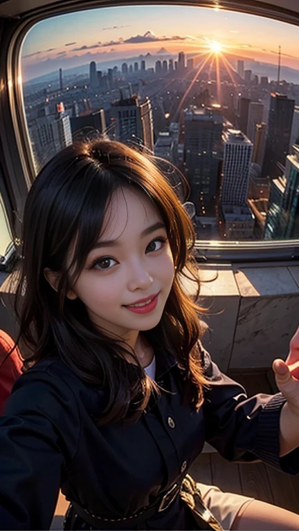 One girl, Korean, Fisheye Lens, Selfie, Wind, Messy Hair, sunset, Cityscape, (Aesthetics and atmosphere:1.2),smile