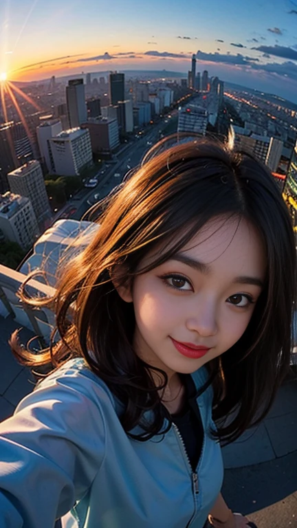 One girl, Korean, Fisheye Lens, Selfie, Wind, Messy Hair, sunset, Cityscape, (Aesthetics and atmosphere:1.2),smile
