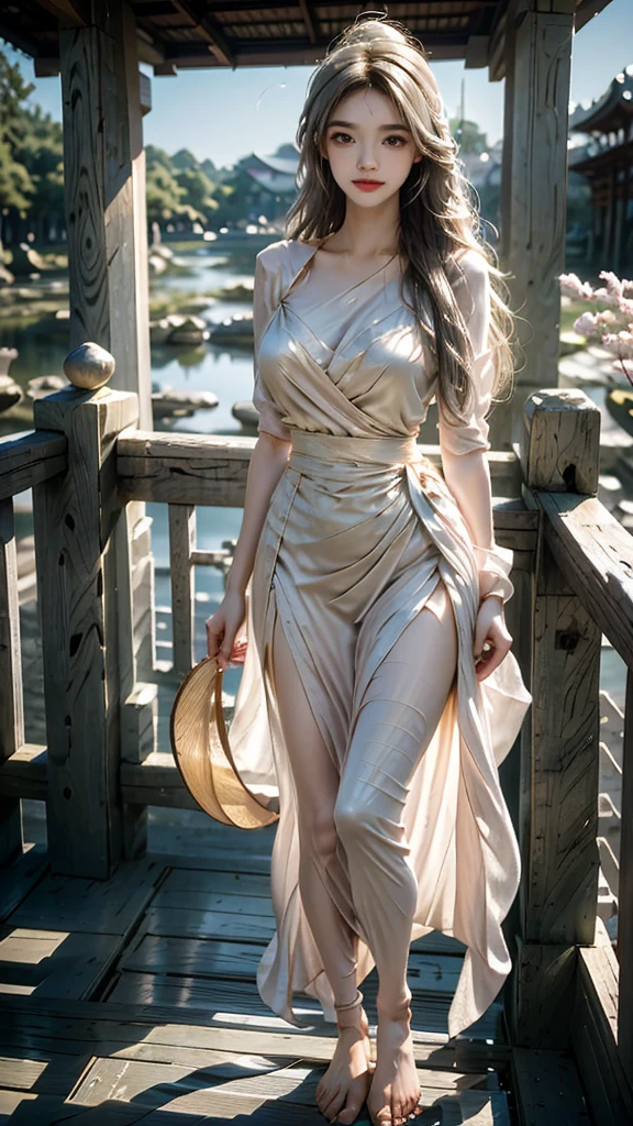 A beautiful young woman wearing an elegant full-length Asian national costume stands gracefully on a wooden bridge with her full body showing her feet. She holds an exquisite fan in her hand. The golden pattern matches well with the pastel colors of her light and flowing dress. Cherry blossoms fall all around her, creating a peaceful and charming spring atmosphere. Her gentle smile and the soft overall look of the image give this scene a sweet and romantic dreaminess.