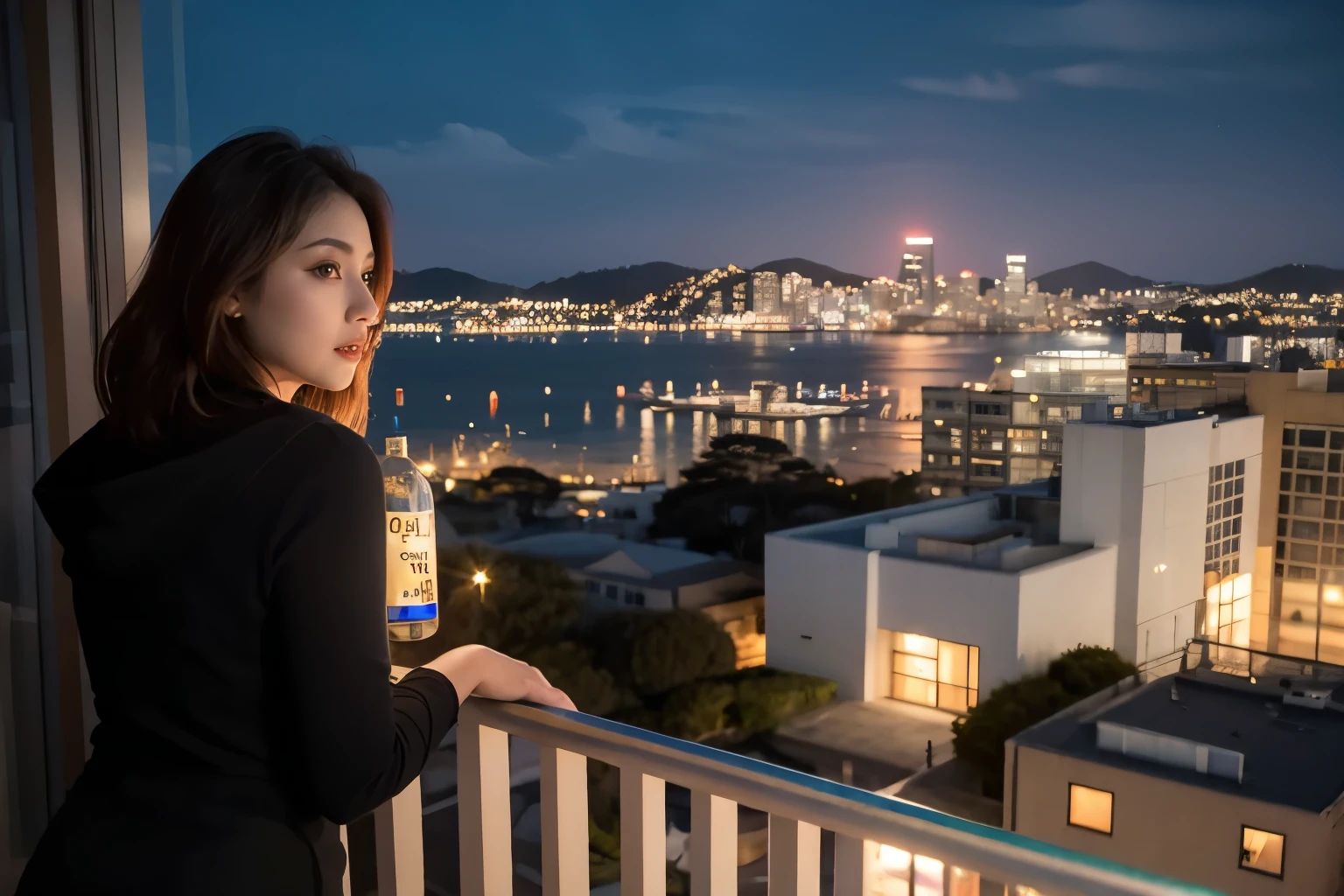 A beautiful mature woman looking at the night view of Tech Town on San Francisco Bay from the window of a high-rise apartment、