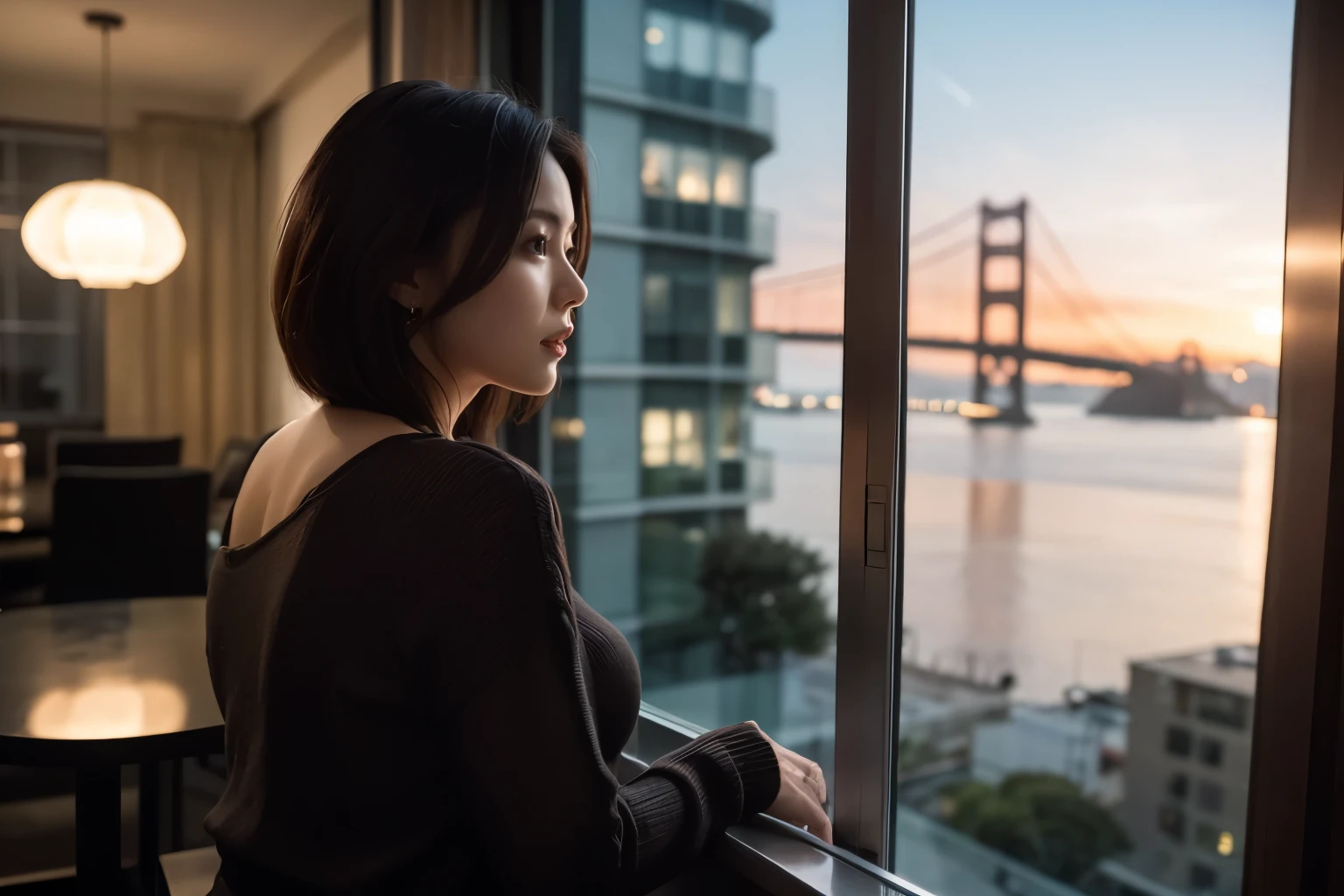 A beautiful mature woman looking at the night view of Tech Town on San Francisco Bay from the window of a high-rise apartment、