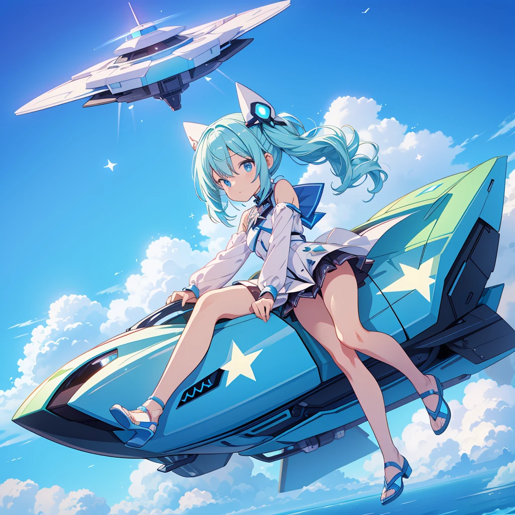 Futuristic flying star-shaped pastel colored vehicle、Kawaii Tech,Don't draw people、