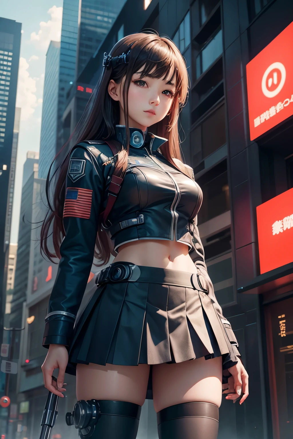 Future City、high school girl、cyborg、mechanical、uniform、skirt