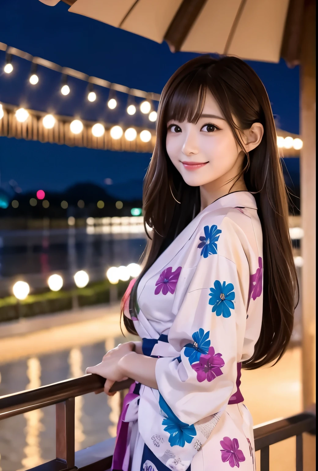masterpiece、Highest quality、whole body、One Girl、bangs、Japanese、黒髪のLong Hair、Long Hair、Gazing at the audience、firework、Yukata smile、alone、Stylish woman、Pastel colored outfits、stop temporarily、front、terrace、Luxury background elements、Confident expression、Modern and trendy、Focus on fashion