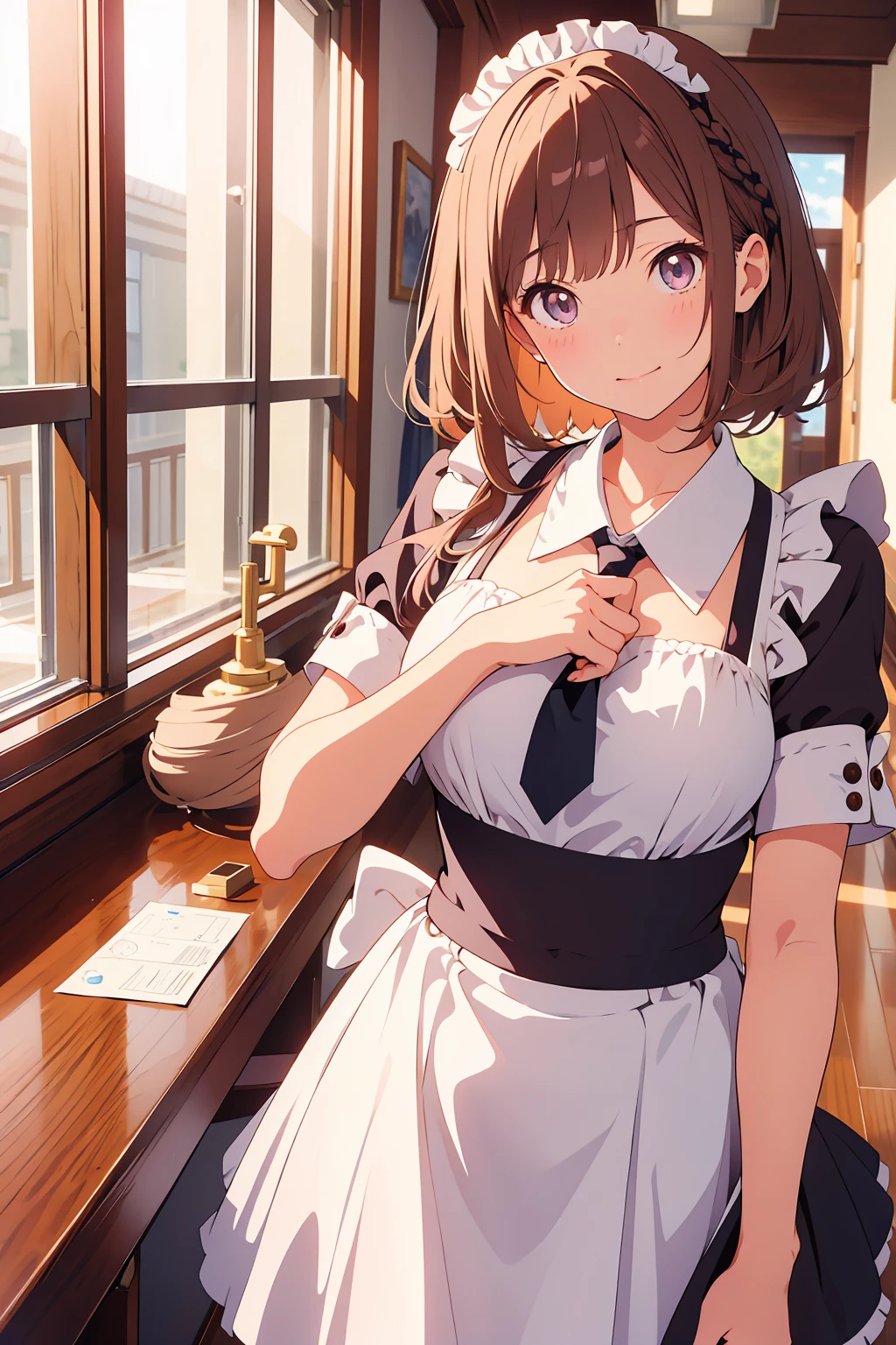 (Highest quality,Tabletop:1.2),(Anime Style,Comic Core:1.1),One Girl,Cute Style,Adorable,Highly detailed eyes,Highly detailed face,Very fine hair,About Hipdar,8k,solve,Maid,Maid服,Are standing,With a mop,Low - Angle,