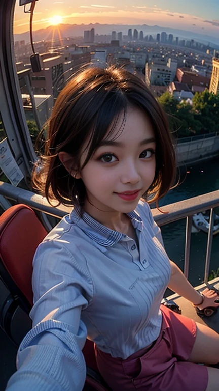 One girl, Korean, Fisheye Lens, Selfie, Wind, Messy Hair, sunset, Cityscape, (Aesthetics and atmosphere:1.2),smile