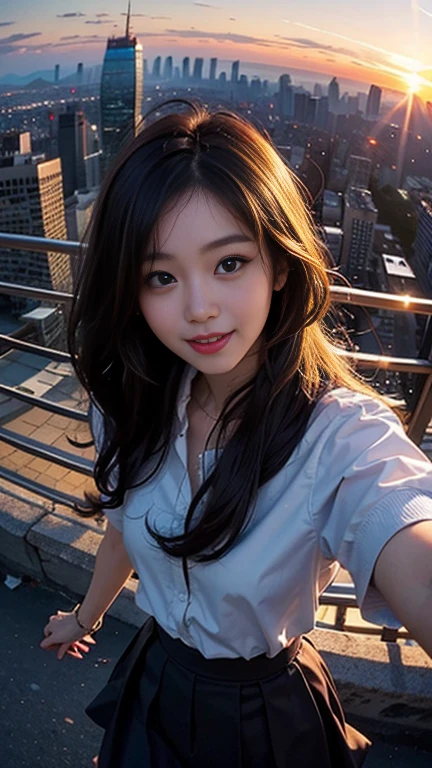 One girl, Korean, Fisheye Lens, Selfie, Wind, Messy Hair, sunset, Cityscape, (Aesthetics and atmosphere:1.2),smile