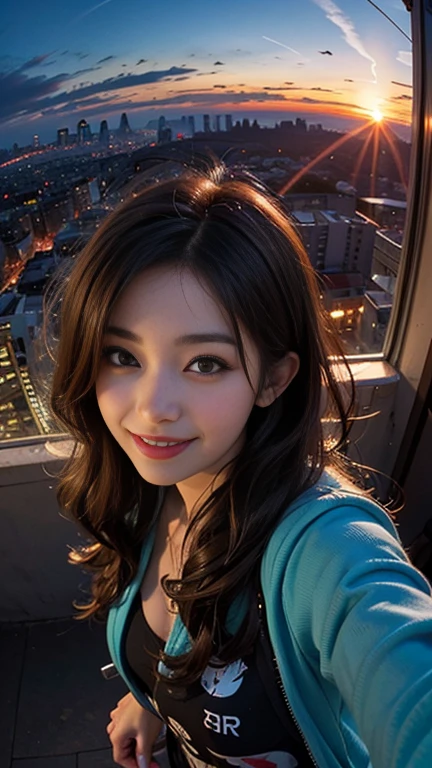 One girl, Korean, Fisheye Lens, Selfie, Wind, Messy Hair, sunset, Cityscape, (Aesthetics and atmosphere:1.2),smile