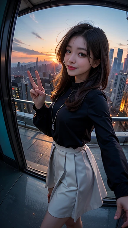 One girl, Korean, Fisheye Lens, Selfie, Wind, Messy Hair, sunset, Cityscape, (Aesthetics and atmosphere:1.2),smile