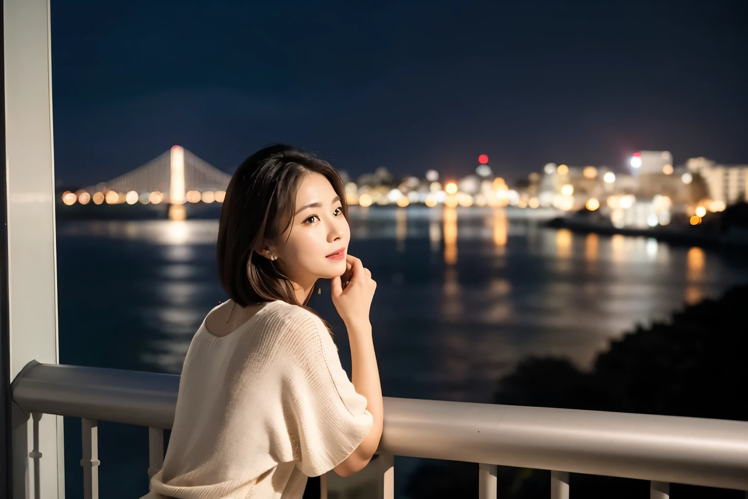 A beautiful mature woman looking at the night view of Tech Town on San Francisco Bay from the window of a high-rise apartment、