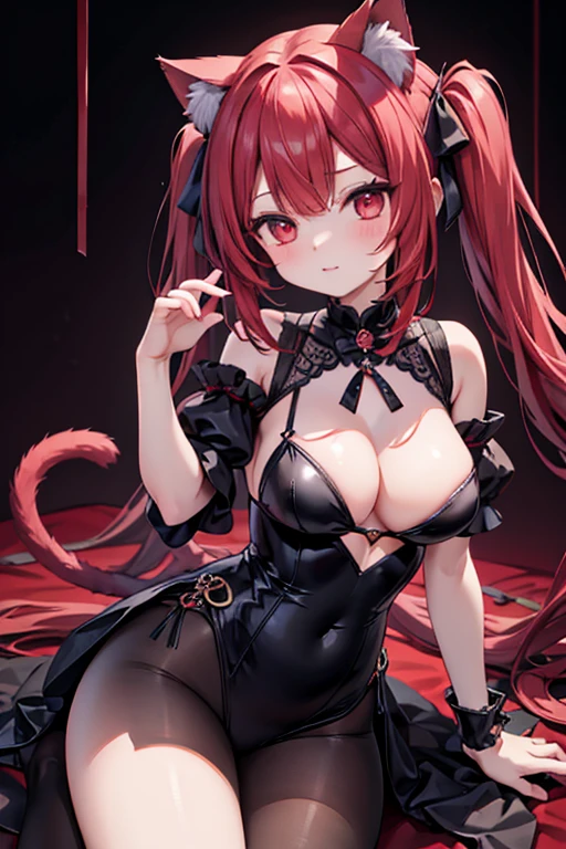 (8k) (High resolution) (Best Quality) (masterpiece) Red eyes, cat girl, cat ears, cat&#39;s tail, For the blue, huge breasts,Enhite shirt, Skirt,  kitchen, holding the knife, 8k, Best Quality, (photorealistic:1.4), raw photo, (curved body), (curved thighs), (huge breasts, perky breasts:1.4), nude 