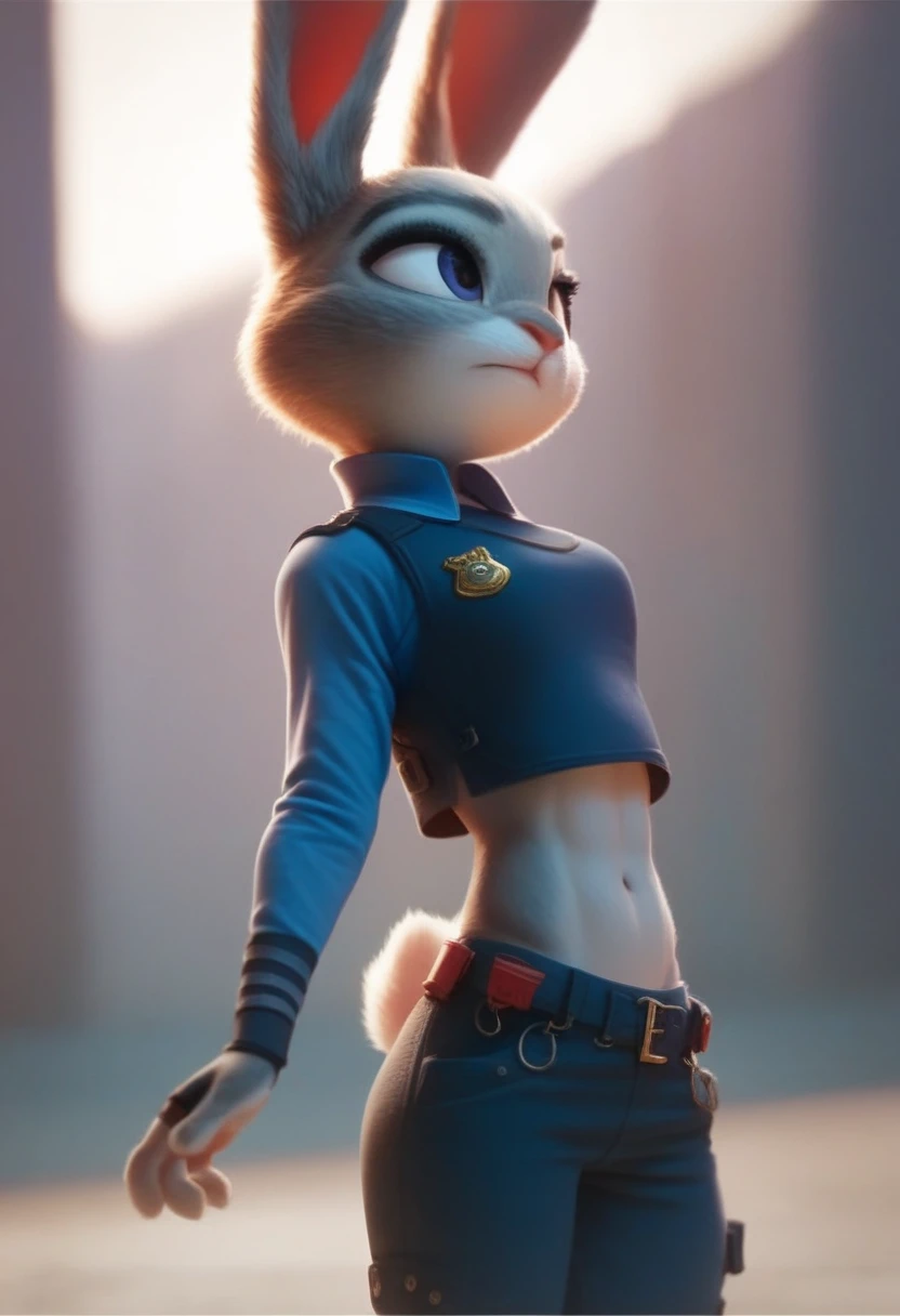 sideview of an attractive Judy hoops with rock hard abs, a bare midriff, and a bare navel wearing a crop top long sleeve police uniform with vest, digital artwork, rabbit, anthro style, digital artwork 