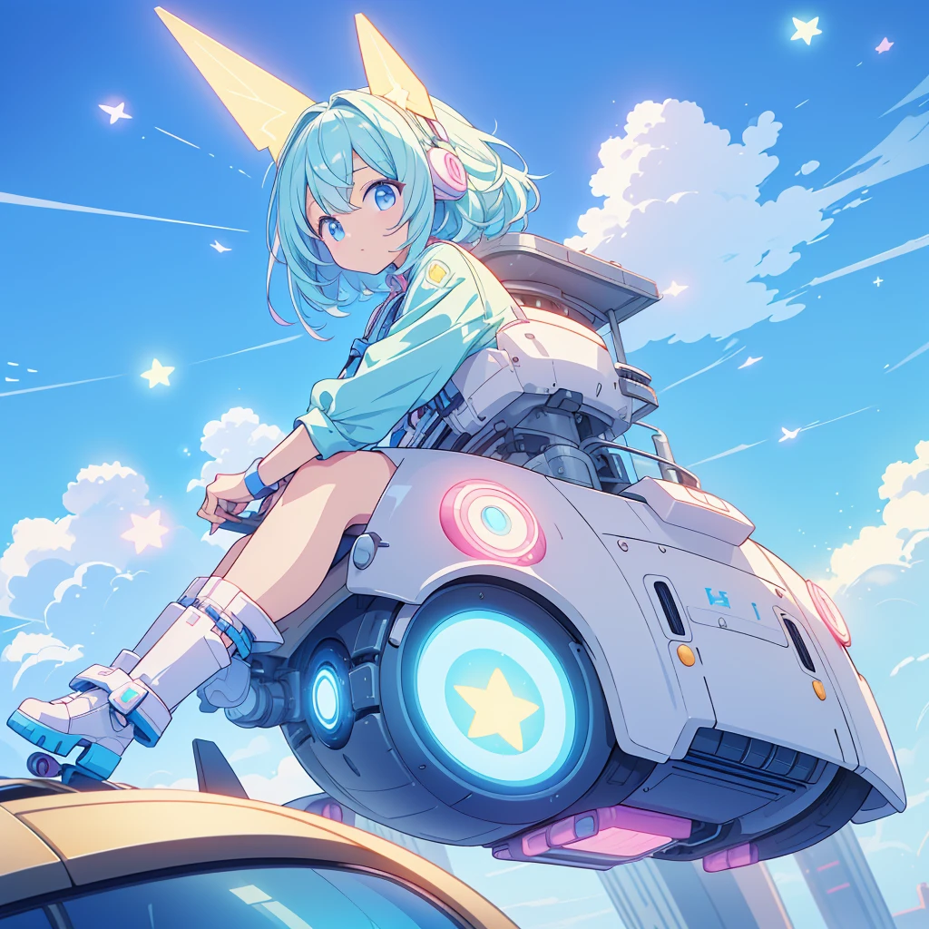 Futuristic flying star-shaped pastel colored vehicle、Kawaii Tech,