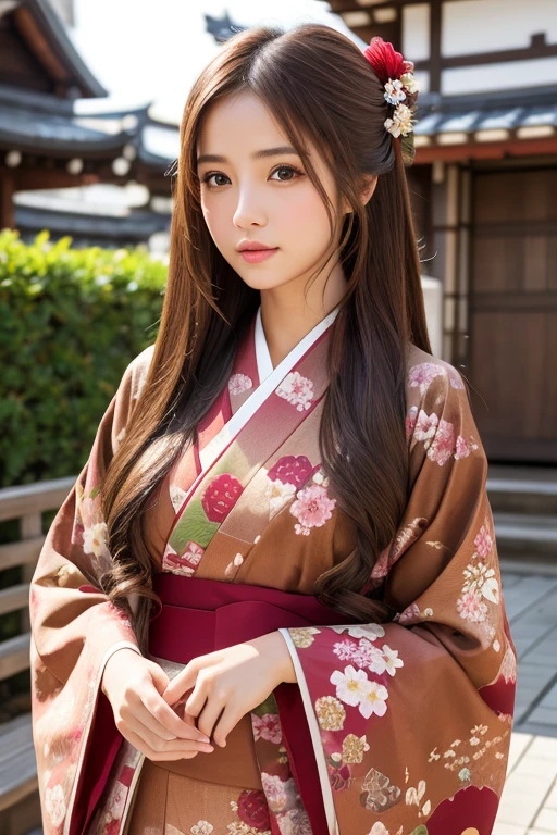 1girl, solo, long_hair, looking_at_viewer, brown_hair, photoshop_(medium), original, brown_eyes, japanese_clothes, kimono, lips, floral_print, realistic