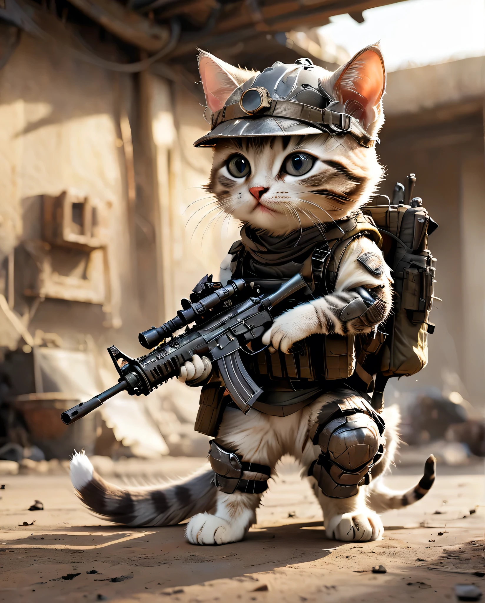 high quality　Combat training kitten(Personification)　He has a rifle.　wearing a helmet