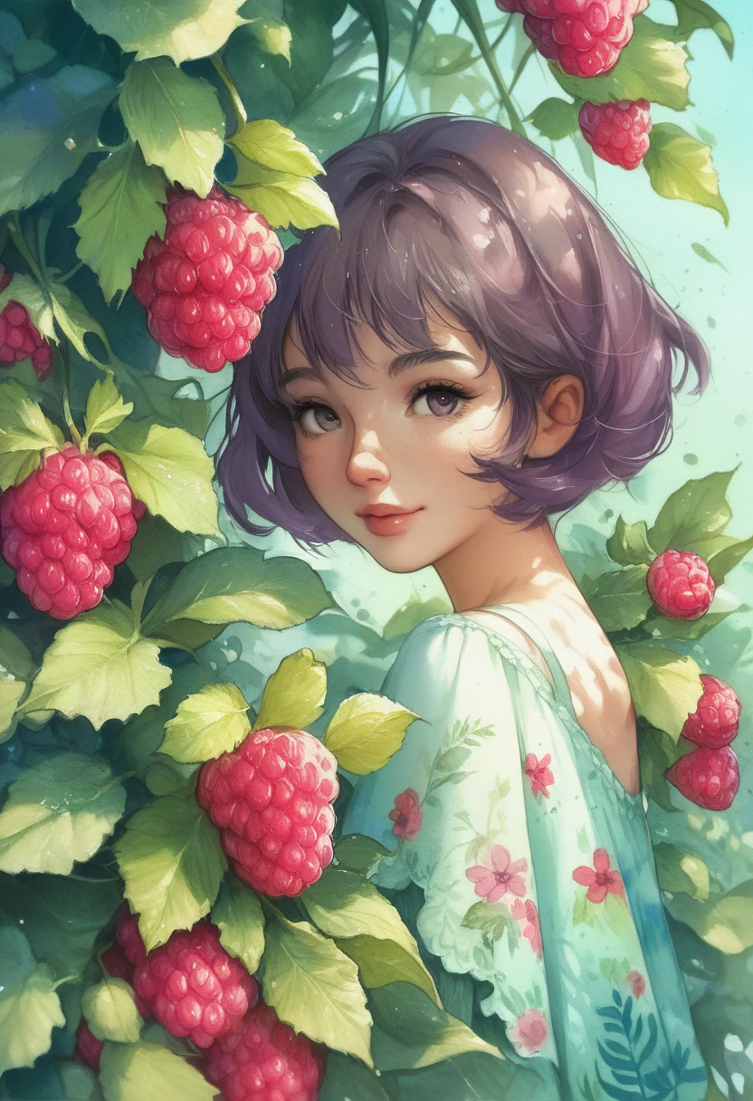 ((super detailed)beautiful flowers, berries, ferns, leaves, watercolor pattern of calming colors)(watercolor texture)(1girl, short hair, cute)