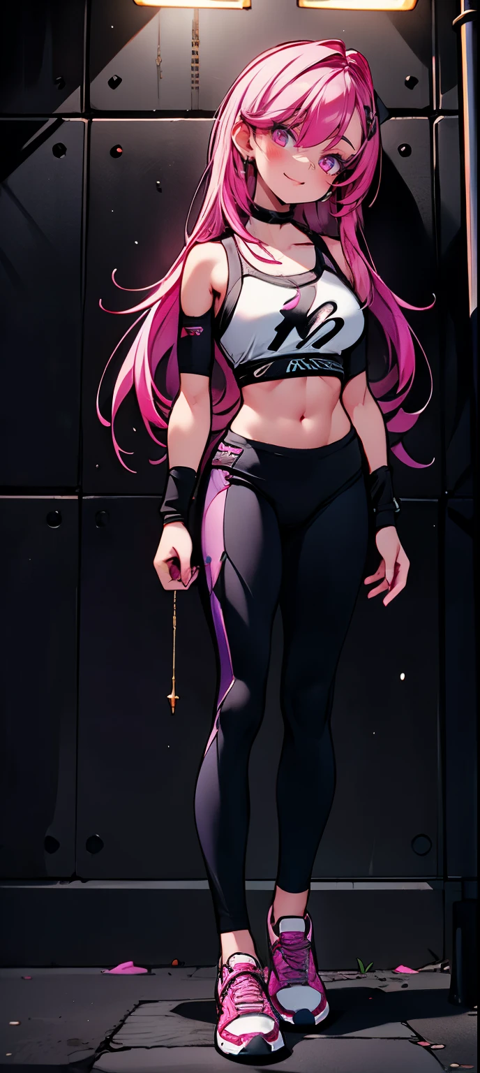 (masterpiece, best quality, 1girl, solo, intricate details, chromatic aberration), realistic, ((medium breath)),long hair, pink hair, red head ornament, pink highlights, hair over one eye,purple eyes, earrings, sharp eyes, choker, neon shirt, open jacket, crop top, (symmetry eyes),(perfect symmetrical body),against wall, brick wall, graffiti, dim lighting, alley ,look at viewer, woman at a gym, cute, front Pose, fitness girl, standing, erect Pose, symetrical, fitness model, skinny, Red sneakers, best qualityer, relaxed arms, hands down, ankle, fullbody view, stand straight with your back upright. Keep your shoulders back and maintain a straight line from your head to your feet. Full body overview, feets close, symmetrical front, head straight to the viewer