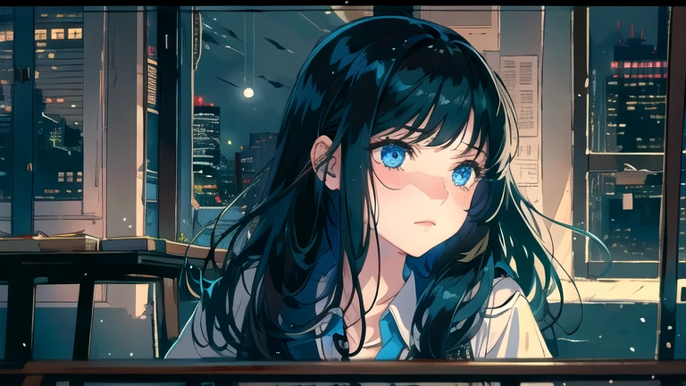 Create an illustration of a girl with black hair and blue eyes, sitting in a chair in front of a desk, Sentimental, Introspective look。, The moonlight gently shines into the room, Gently illuminate the space, Curtains sway in the wind, Increase tranquility, Dark mood, Emphasise the theme of loneliness, silence, And the depths of night, The room is dark、dimly lit by the moonlight