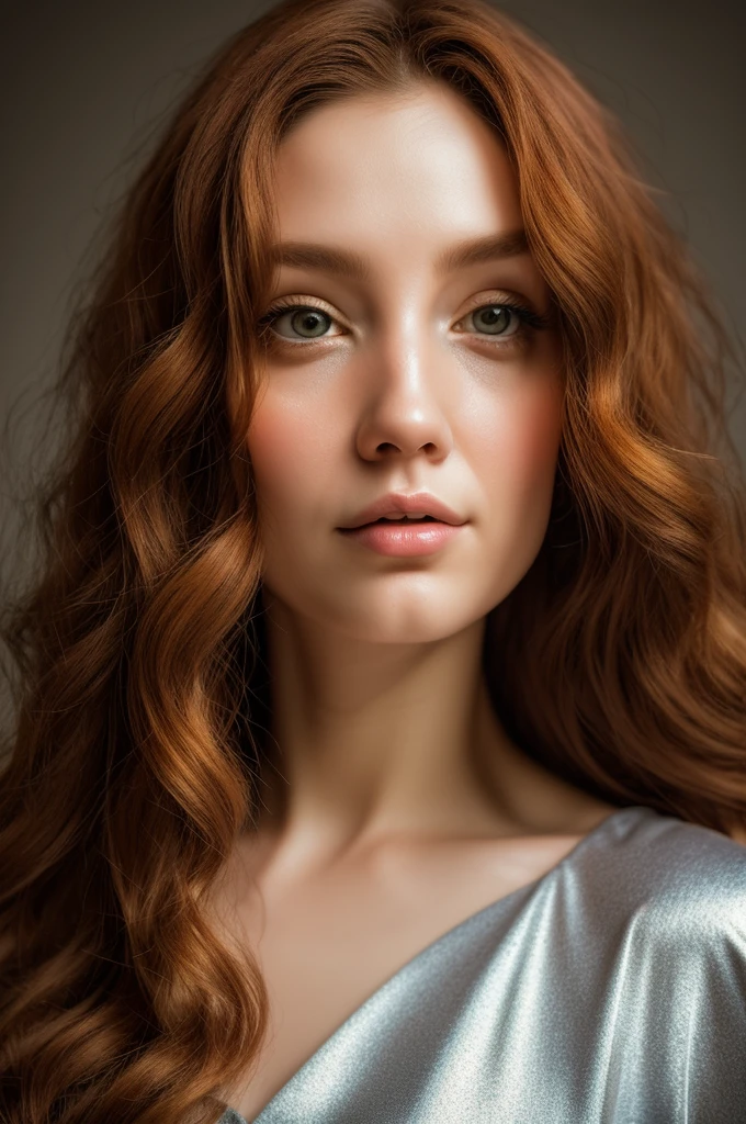 a close up digital portrait of a beautiful young woman, douyin, calm ginger curly long hair,
mysterious colorful geometry metallic fashion, modern, glancing sharply, realistic and detailed skin, photo models, loose expressive lines, and a dynamic quality, inspired by the whimsical and surreal art styles of tess. laf, Gris Grimly and Tom Bagshaw, ethereal dark fantasy, with a hint of melancholy in the expression, enhanced lighting for more contrast