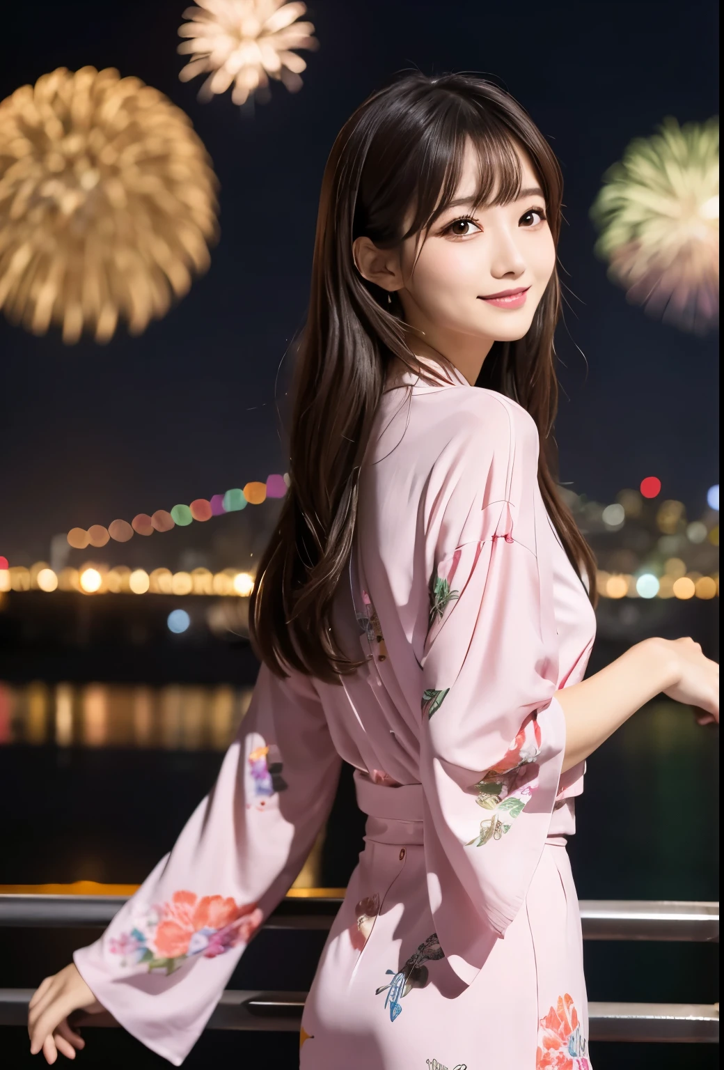 masterpiece、Highest quality、whole body、One Girl、bangs、Japanese、黒髪のLong Hair、Long Hair、Chignon、Gazing at the audience、firework、Yukata smile、alone、Stylish woman、Pastel colored outfits、stop temporarily、front、terrace、Luxury background elements、Confident expression、Modern and trendy、Focus on fashion