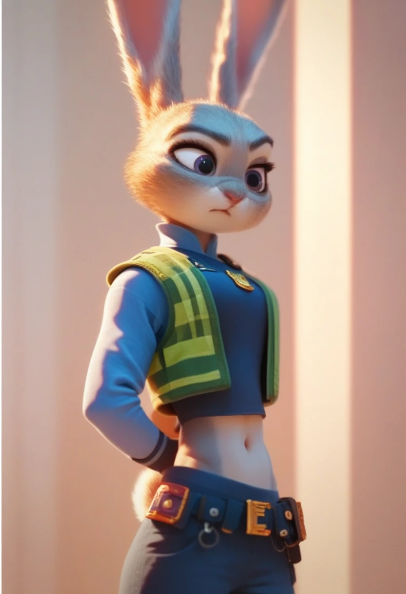 sideview of an attractive Judy hoops with rock hard abs, a bare midriff, and a bare navel wearing a crop top long sleeve police uniform with vest, digital artwork, rabbit, anthro style, digital artwork 